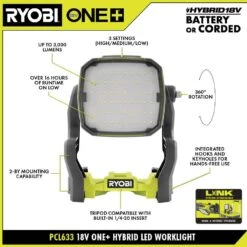 Ryobi ONE+ 18V Hybrid LED Work Light With ONE+ 18V 2.0 Ah Lithium-Ion Battery 14 Ryobi ONE+ 18V Hybrid LED Work Light With ONE+ 18V 2.0 Ah Lithium-Ion Battery -Ryobi Store ryobi jobsite lighting pcl633b pbp006 40 1000
