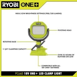 Ryobi ONE+ 18V Cordless LED Clamp Light Kit With 1.5 Ah Battery And Charger -Ryobi Store ryobi jobsite lighting pcl663k1n 40 1000