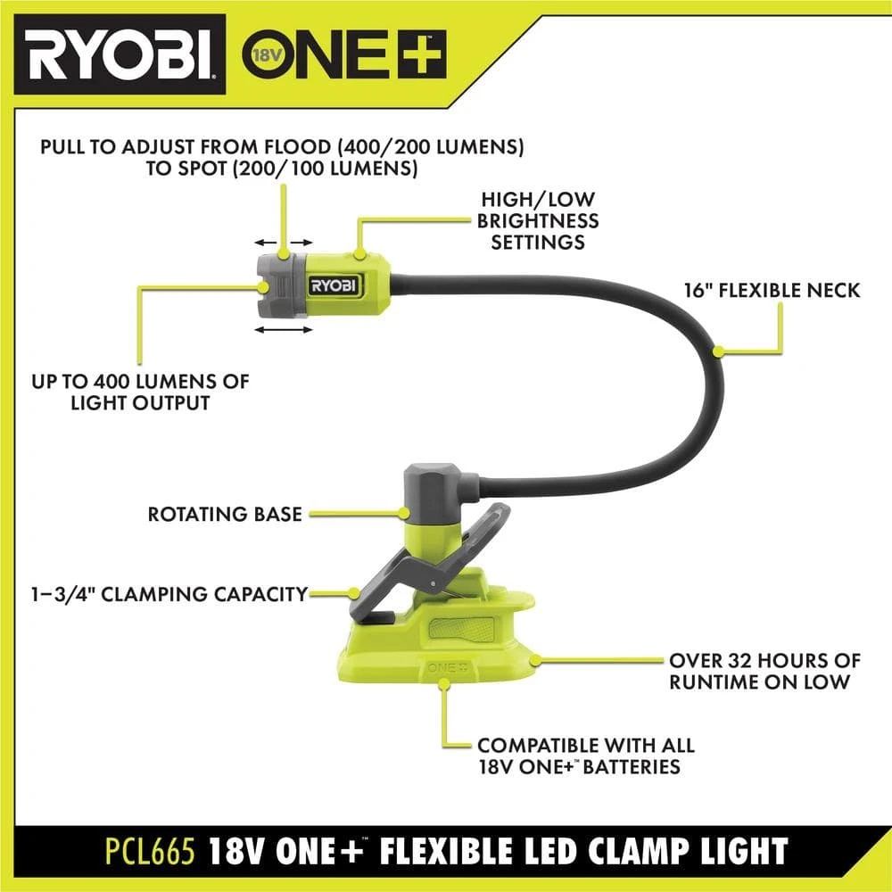 Ryobi ONE+ 18V Cordless Flexible LED Clamp Light (Tool Only) 3 Ryobi ONE+ 18V Cordless Flexible LED Clamp Light (Tool Only) - Image 3