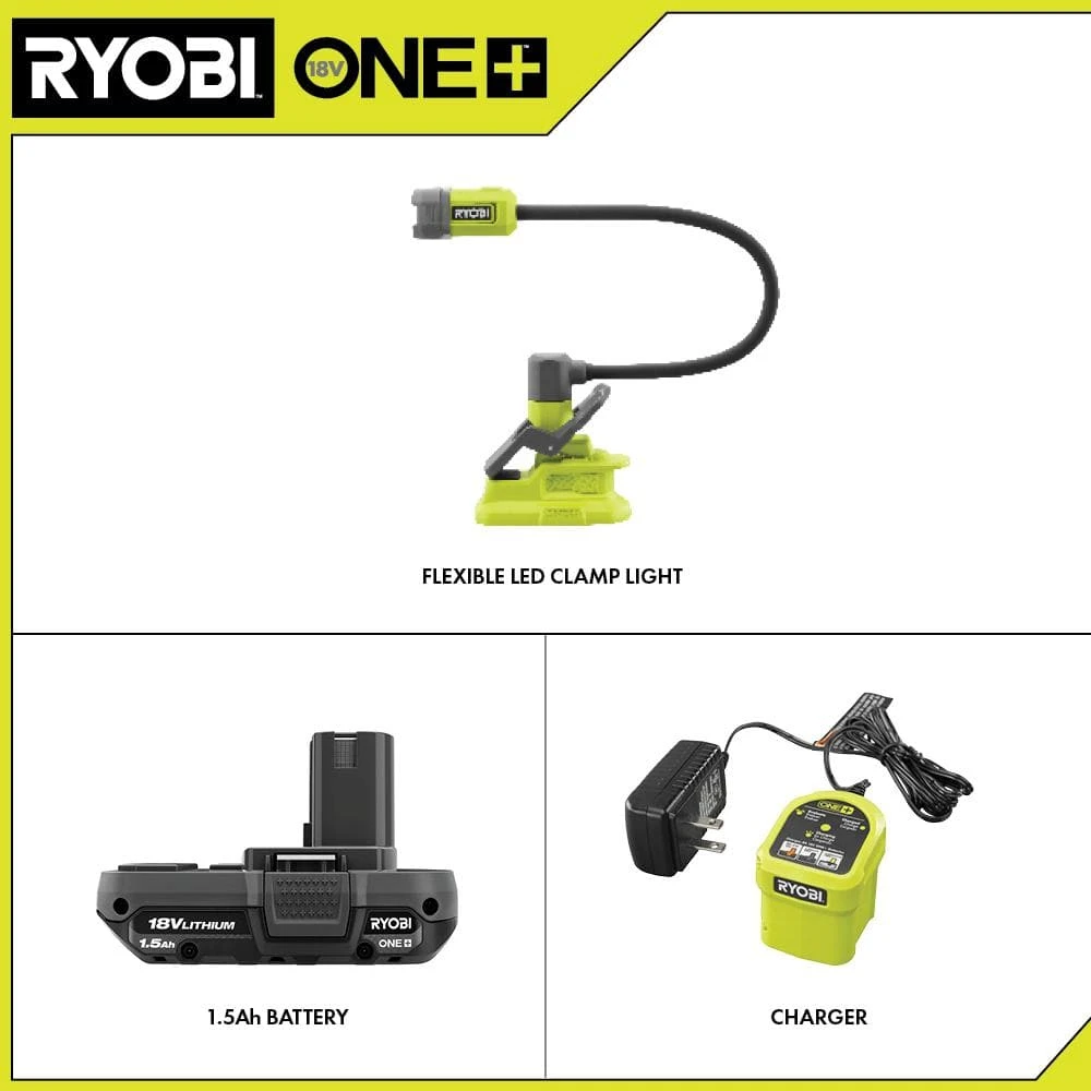 Ryobi ONE+ 18V Cordless Flexible LED Clamp Light Kit With 1.5 Ah Battery And Charger 2 Ryobi ONE+ 18V Cordless Flexible LED Clamp Light Kit With 1.5 Ah Battery And Charger - Image 2