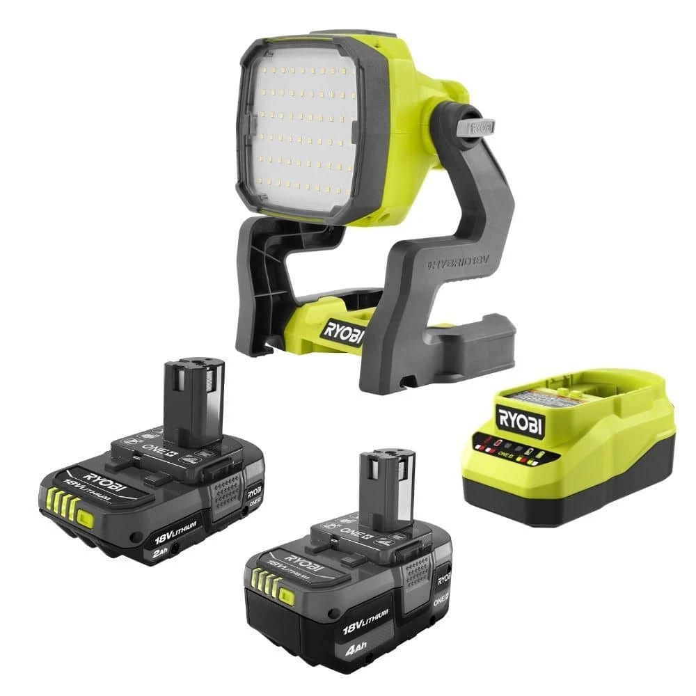 Ryobi ONE+ 18V Lithium-Ion 4.0 Ah Battery, 2.0 Ah Battery And Charger Kit With ONE+ Cordless Hybrid LED Work Light 1 Ryobi ONE+ 18V Lithium-Ion 4.0 Ah Battery, 2.0 Ah Battery And Charger Kit With ONE+ Cordless Hybrid LED Work Light