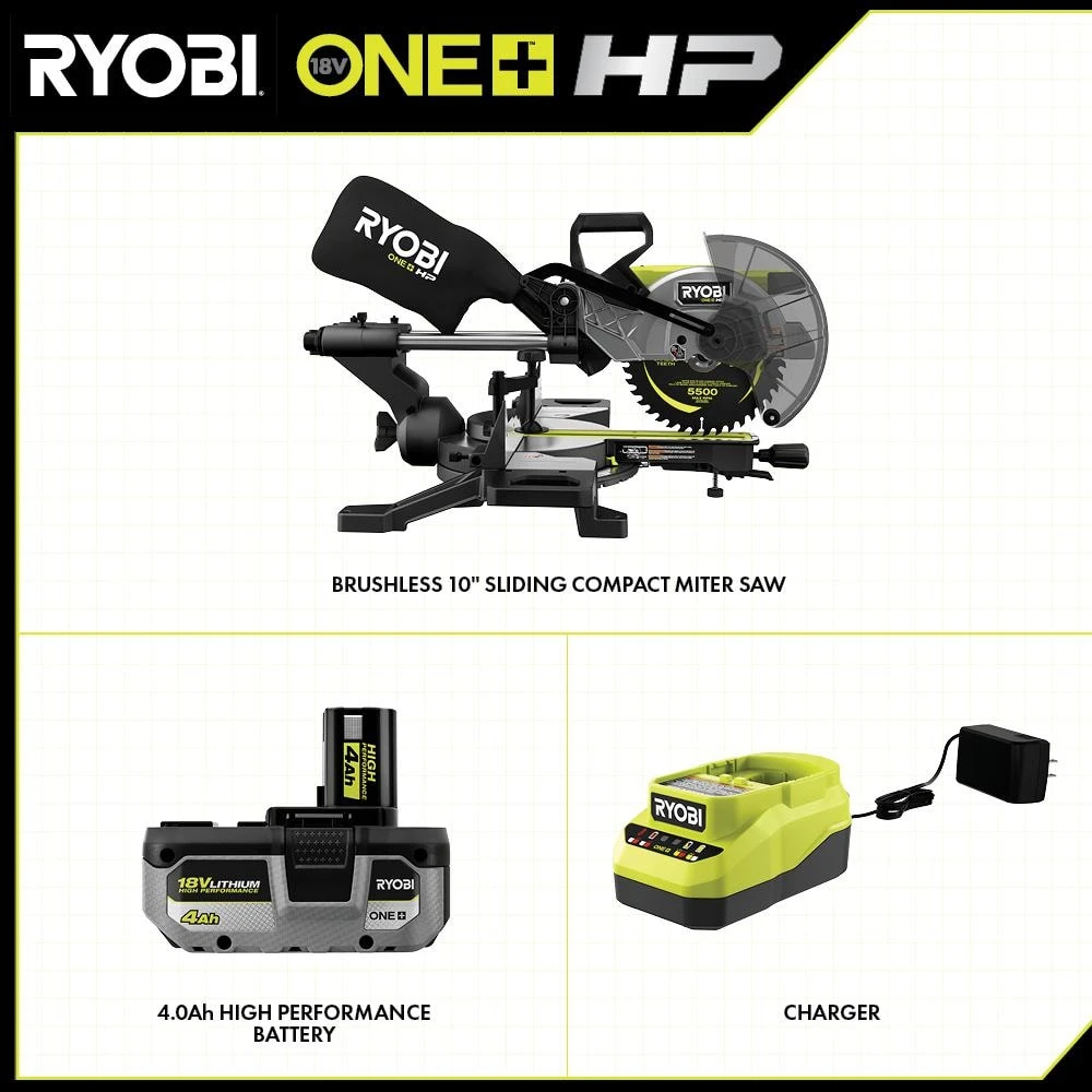 Ryobi ONE+ HP 18V Brushless Cordless 10 In. Sliding Compound Miter Saw Kit With 4.0 Ah HIGH PERFORMANCE Battery And Charger 7 Ryobi ONE+ HP 18V Brushless Cordless 10 In. Sliding Compound Miter Saw Kit With 4.0 Ah HIGH PERFORMANCE Battery And Charger - Image 7