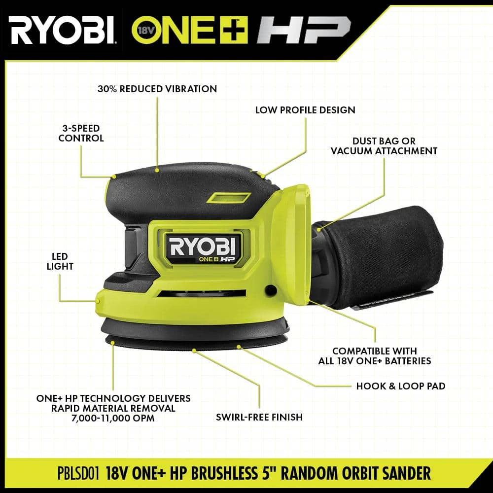 Ryobi ONE+ HP 18V Brushless Cordless 5 In. Random Orbit Sander Kit With 2.0 Ah HIGH PERFORMANCE Battery And Charger 2 Ryobi ONE+ HP 18V Brushless Cordless 5 In. Random Orbit Sander Kit With 2.0 Ah HIGH PERFORMANCE Battery And Charger - Image 2