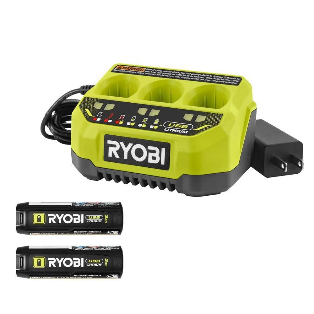 Ryobi USB Lithium 3.0 Ah Lithium-Ion Rechargeable Battery (2-Pack) With USB Lithium 3-Port Charger 1 Ryobi USB Lithium 3.0 Ah Lithium-Ion Rechargeable Battery (2-Pack) With USB Lithium 3-Port Charger