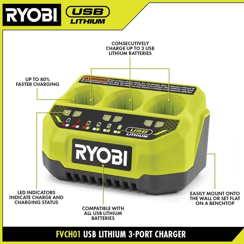 Ryobi USB Lithium 3-Port Charger With USB Lithium 3.0 Ah Lithium-Ion Rechargeable Battery 3 Ryobi USB Lithium 3-Port Charger With USB Lithium 3.0 Ah Lithium-Ion Rechargeable Battery - Image 3