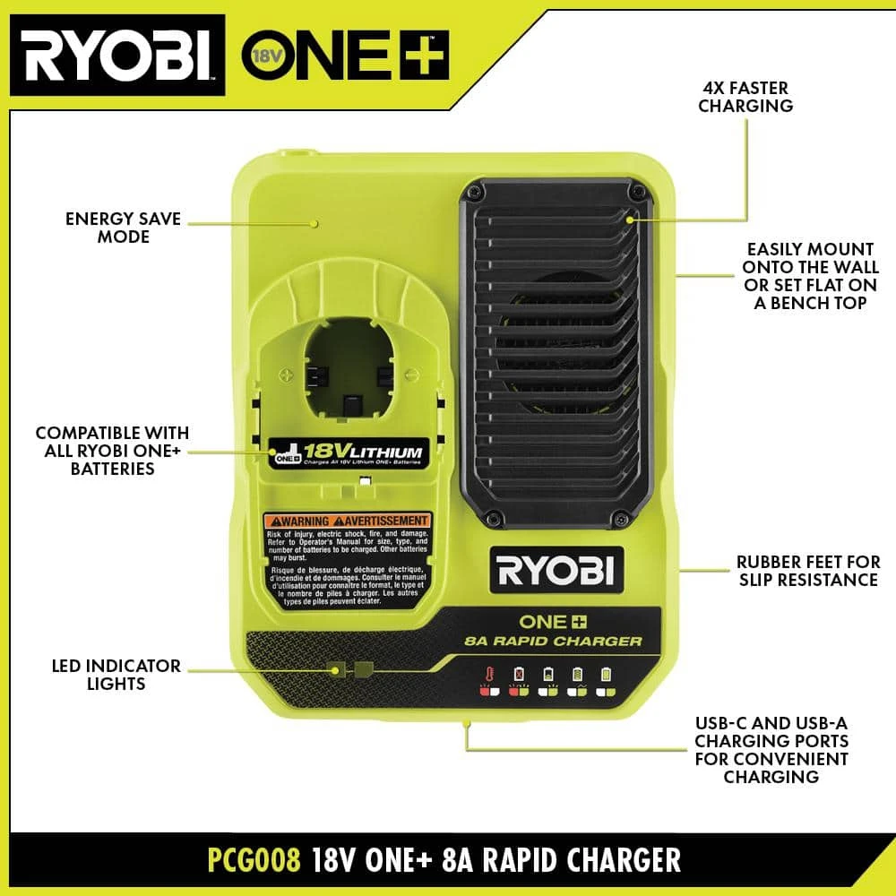 Ryobi ONE+ 18V 8A Rapid Charger With ONE+ 18V 8.0 Ah Lithium-Ion HIGH PERFORMANCE Battery 2 Ryobi ONE+ 18V 8A Rapid Charger With ONE+ 18V 8.0 Ah Lithium-Ion HIGH PERFORMANCE Battery - Image 2