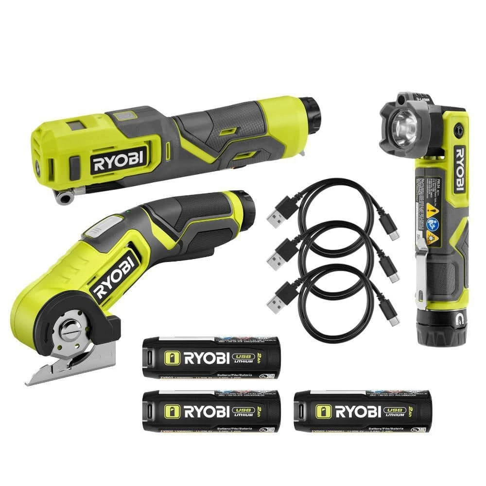 Ryobi USB Lithium 3-Tool Combo Kit W/ Power Cutter, Flashlight, Inflator, (3) 2Ah USB Lithium Batteries, & (3) Charging Cables 1 Ryobi USB Lithium 3-Tool Combo Kit W/ Power Cutter, Flashlight, Inflator, (3) 2Ah USB Lithium Batteries, & (3) Charging Cables