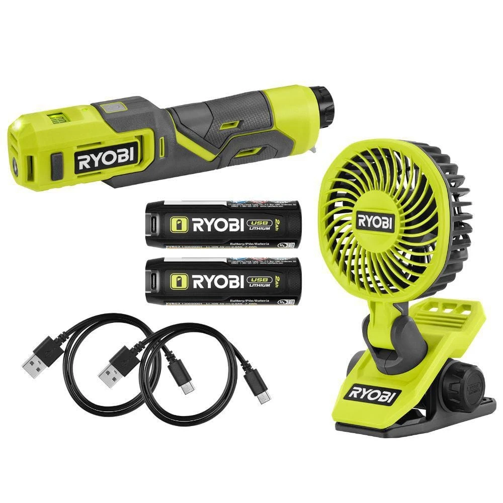 Ryobi USB Lithium 2-Tool Combo Kit With Clamp Fan, Inflator, (2) 2.0 Ah USB Lithium Batteries, And (2) Charging Cables 1 Ryobi USB Lithium 2-Tool Combo Kit With Clamp Fan, Inflator, (2) 2.0 Ah USB Lithium Batteries, And (2) Charging Cables