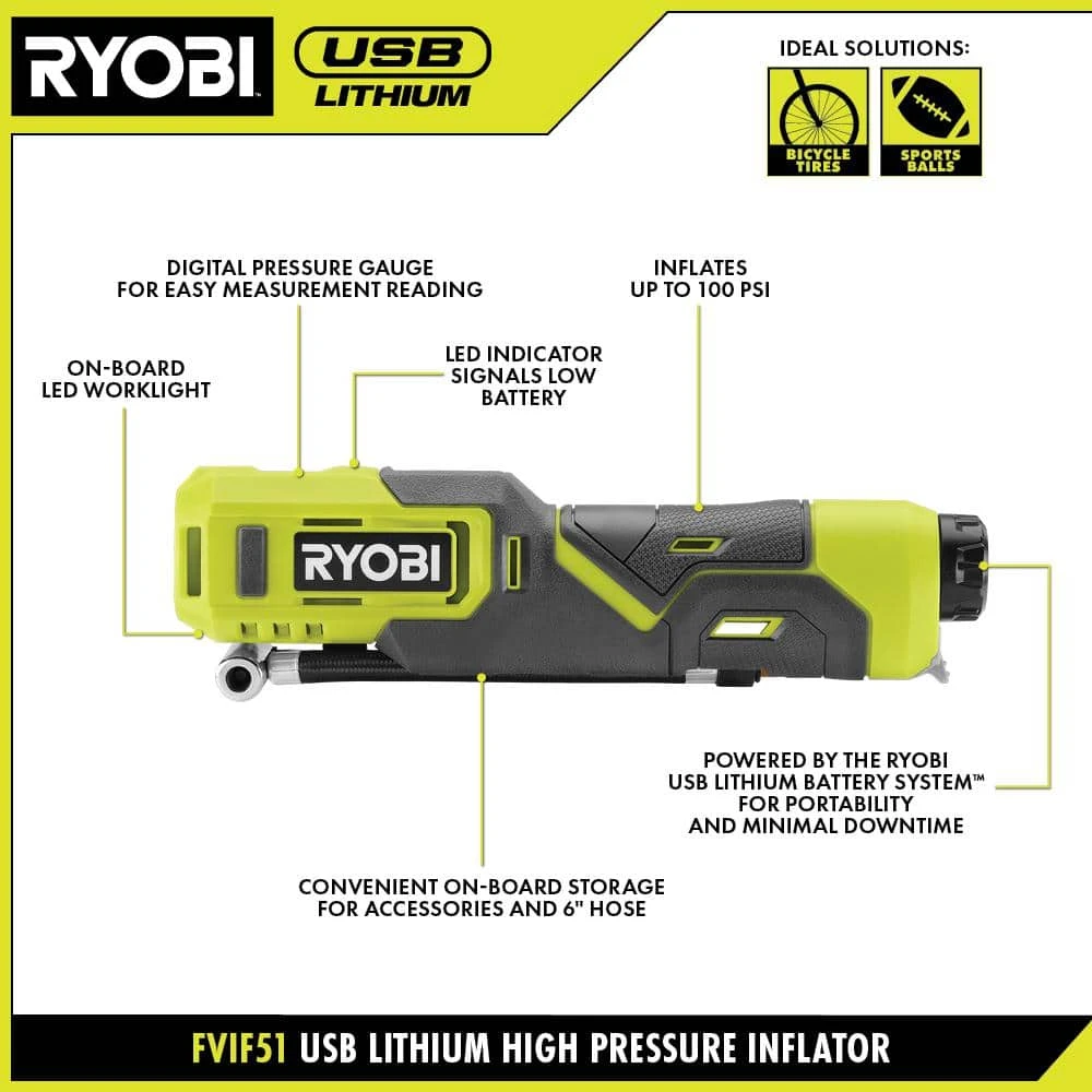 Ryobi USB Lithium 2-Tool Combo Kit With Clamp Fan, Inflator, (2) 2.0 Ah USB Lithium Batteries, And (2) Charging Cables 4 Ryobi USB Lithium 2-Tool Combo Kit With Clamp Fan, Inflator, (2) 2.0 Ah USB Lithium Batteries, And (2) Charging Cables - Image 4