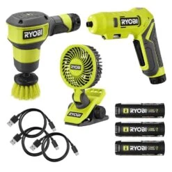 Ryobi USB Lithium Cordless 3-Tool Combo Kit With Scrubber, Screwdriver, Clamp Fan, (3) 2.0 Ah Batteries, And Charging Cables