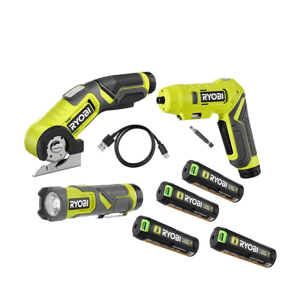 Ryobi USB Lithium 3-Tool Combo Kit W/ Flashlight, Screwdriver, Cutter, (2) Batteries, Charger & USB Lithium 3Ah Battery (2Pk) 1 Ryobi USB Lithium 3-Tool Combo Kit W/ Flashlight, Screwdriver, Cutter, (2) Batteries, Charger & USB Lithium 3Ah Battery (2Pk)