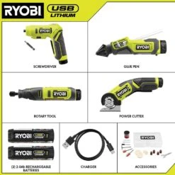 Ryobi USB Lithium 4-Tool Combo Kit With Screwdriver, Glue Pen, Rotary Tool, Power Cutter, (2) Batteries, And Charger -Ryobi Store ryobi power tool combo kits fvk102k2 c3 1000