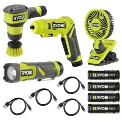 Ryobi USB Lithium Cordless 4-Tool Combo Kit With Screwdriver, Fan, Scrubber, Flashlight, (4) 2Ah Batteries, And Charging Cords