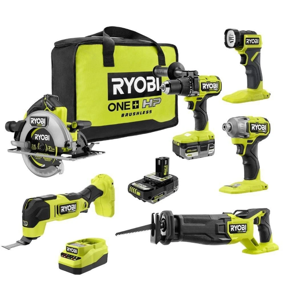 Ryobi ONE+ 18V Cordless 6-Tool Combo Kit With (2) Batteries, Charger, Accessories, And Tool Bag 1 Ryobi ONE+ 18V Cordless 6-Tool Combo Kit With (2) Batteries, Charger, Accessories, And Tool Bag