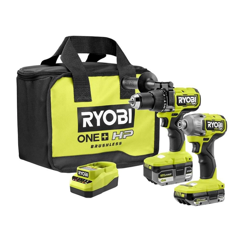 Ryobi ONE+ HP 18V Brushless Cordless 2-Tool Combo Kit With 4.0 Ah Battery, 2.0 Ah Battery, Charger, And Bag 1 Ryobi ONE+ HP 18V Brushless Cordless 2-Tool Combo Kit With 4.0 Ah Battery, 2.0 Ah Battery, Charger, And Bag