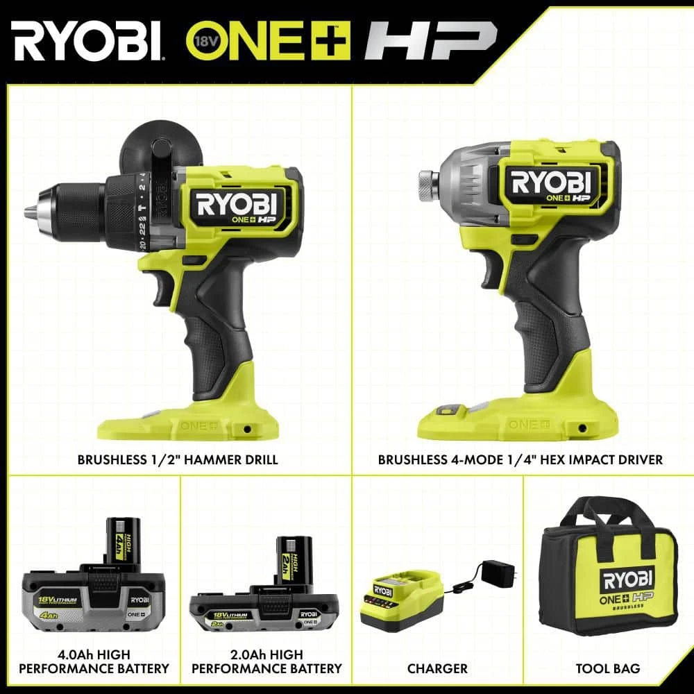 Ryobi ONE+ HP 18V Brushless Cordless 2-Tool Combo Kit With 4.0 Ah Battery, 2.0 Ah Battery, Charger, And Bag 2 Ryobi ONE+ HP 18V Brushless Cordless 2-Tool Combo Kit With 4.0 Ah Battery, 2.0 Ah Battery, Charger, And Bag - Image 2
