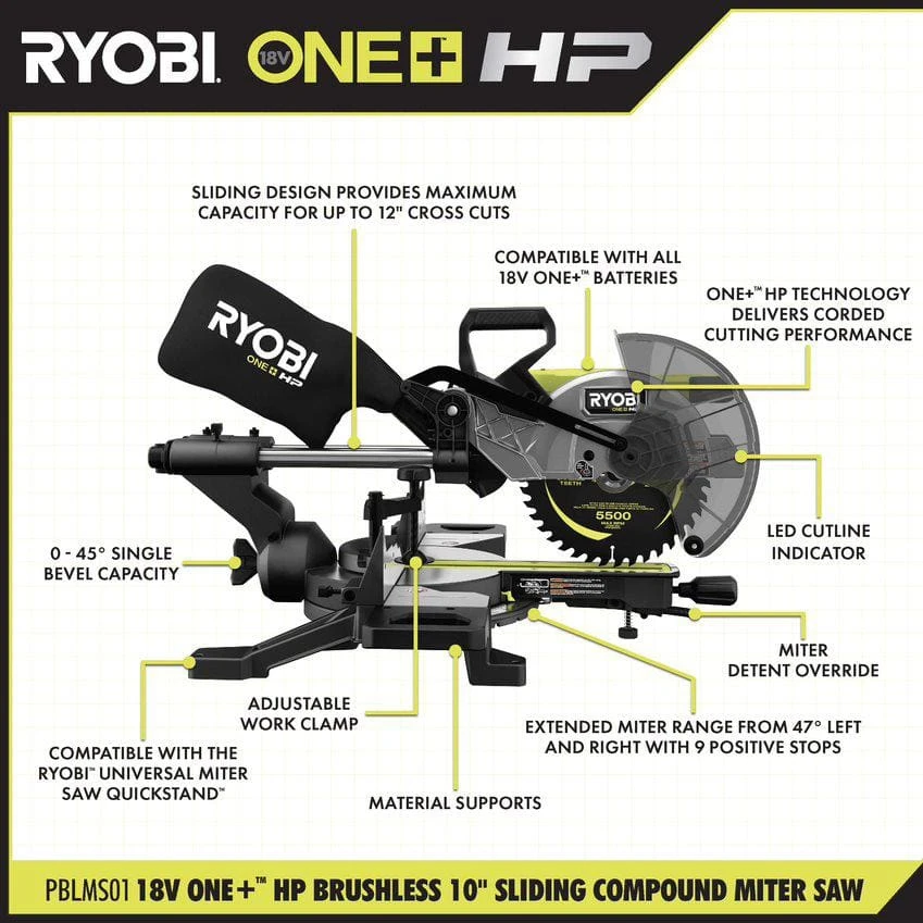 Ryobi ONE+ HP 18V Brushless Cordless 2-Tool Combo Kit With Miter Saw And Compact Portable Jobsite Table Saw (Tools Only) 3 Ryobi ONE+ HP 18V Brushless Cordless 2-Tool Combo Kit With Miter Saw And Compact Portable Jobsite Table Saw (Tools Only) - Image 3