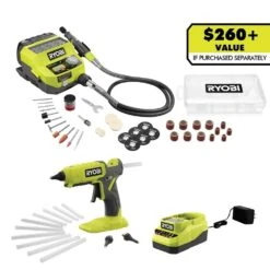 Ryobi ONE+ 18V Cordless 2- Tool Combo Kit With Rotary Tool Station, Dual Temperature Glue Gun, 2.0 Ah Battery And Charger