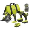 Ryobi ONE+ 18V Cordless 4-Tool Combo Kit With 1.5 Ah Battery, 4.0 Ah Battery, Charger, And Diamond Grit Driving Set (52-Piece)