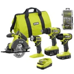 Ryobi ONE+ 18V Cordless 4-Tool Combo Kit With 1.5 Ah Battery, 4.0 Ah Battery, Charger, And Diamond Grit Driving Set (52-Piece)