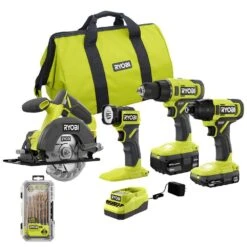 Ryobi ONE+ 18V Cordless 4-Tool Combo Kit With 1.5 Ah Battery, 4.0 Ah Battery, Charger, And 22-Piece Titanium Drilling Set
