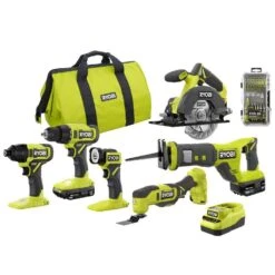 Ryobi ONE+ 18V Cordless 6-Tool Combo Kit With 1.5 Ah Battery, 4.0 Ah Battery, Charger, And Diamond Grit Driving Set (52-Piece)