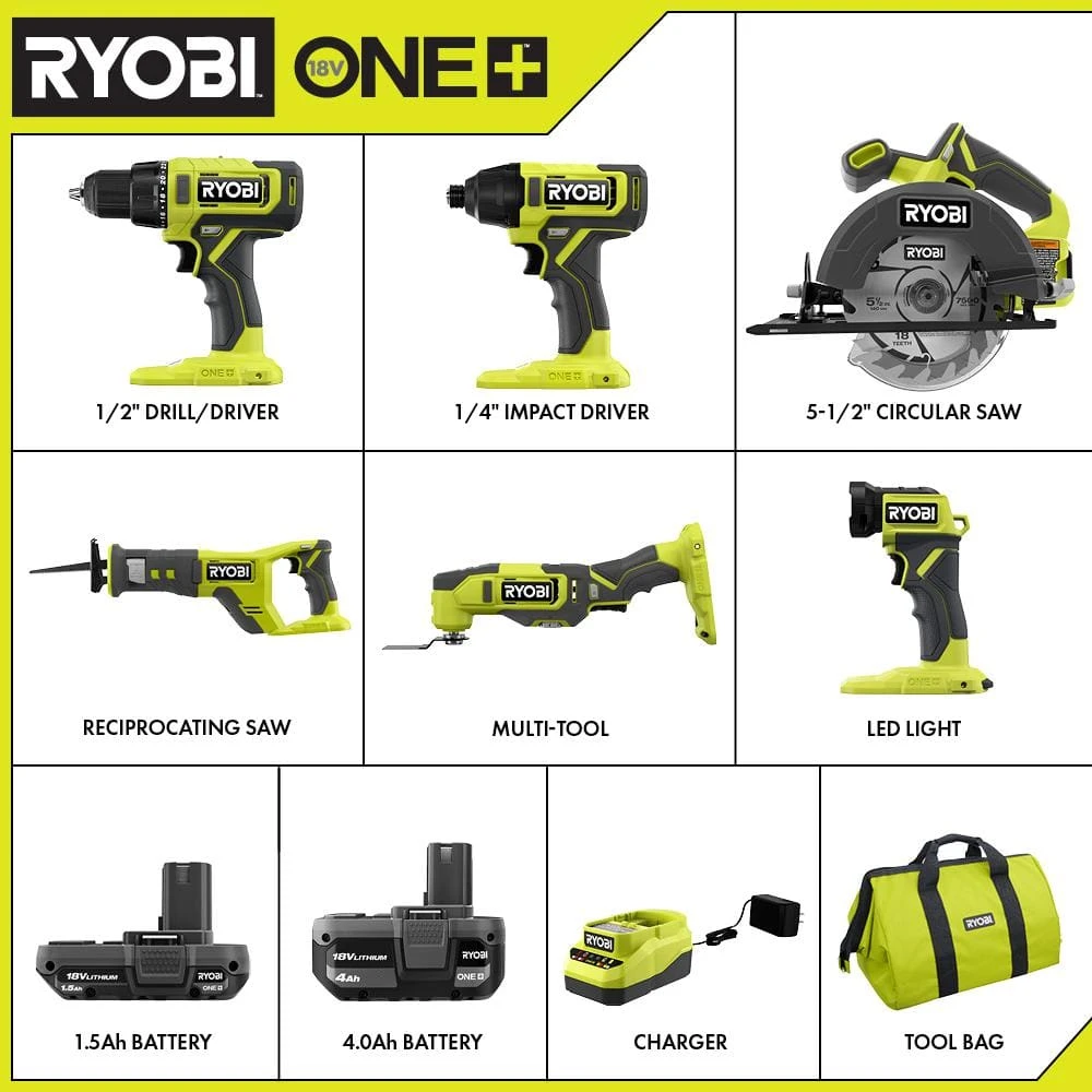 Ryobi ONE+ 18V Cordless 6-Tool Combo Kit With 1.5 Ah Battery, 4.0 Ah Battery, Charger, And Diamond Grit Driving Set (52-Piece) 2 Ryobi ONE+ 18V Cordless 6-Tool Combo Kit With 1.5 Ah Battery, 4.0 Ah Battery, Charger, And Diamond Grit Driving Set (52-Piece) - Image 2