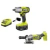 Ryobi ONE+ 18V Cordless 2-Tool Combo Kit With 1/2 In. Impact Wrench, 4-1/2 In. Angle Grinder, 4.0 Ah Battery, And Charger