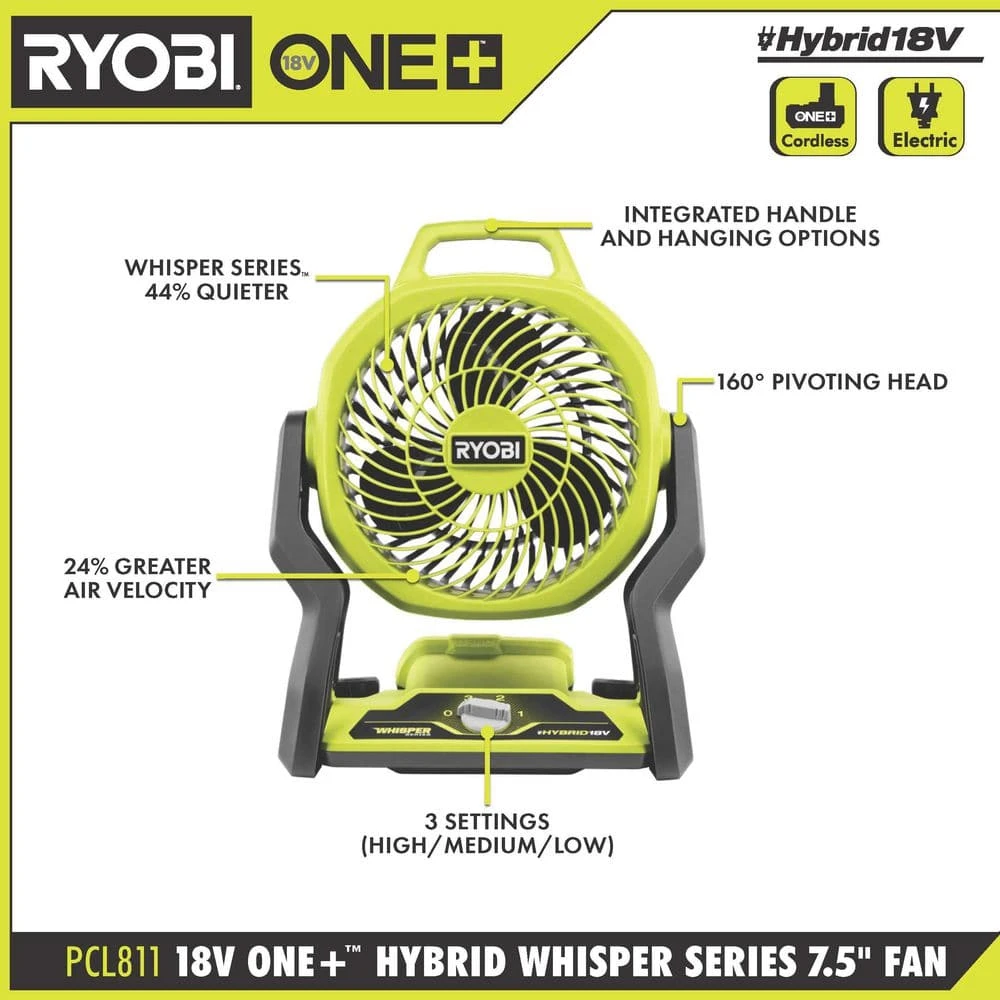 Ryobi ONE+ 18V Hybrid VERSE LINK Stereo And WHISPER SERIES 7-1/2 In. Fan (Tools Only) 8 Ryobi ONE+ 18V Hybrid VERSE LINK Stereo And WHISPER SERIES 7-1/2 In. Fan (Tools Only) - Image 8