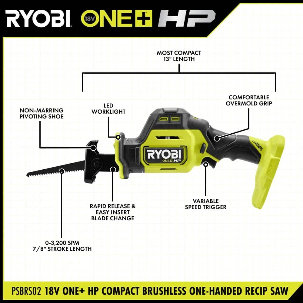 Ryobi ONE+ HP 18V Brushless Cordless Compact One-Handed Reciprocating Saw Kit With 2.0 Ah Battery And Charger 3 Ryobi ONE+ HP 18V Brushless Cordless Compact One-Handed Reciprocating Saw Kit With 2.0 Ah Battery And Charger - Image 3