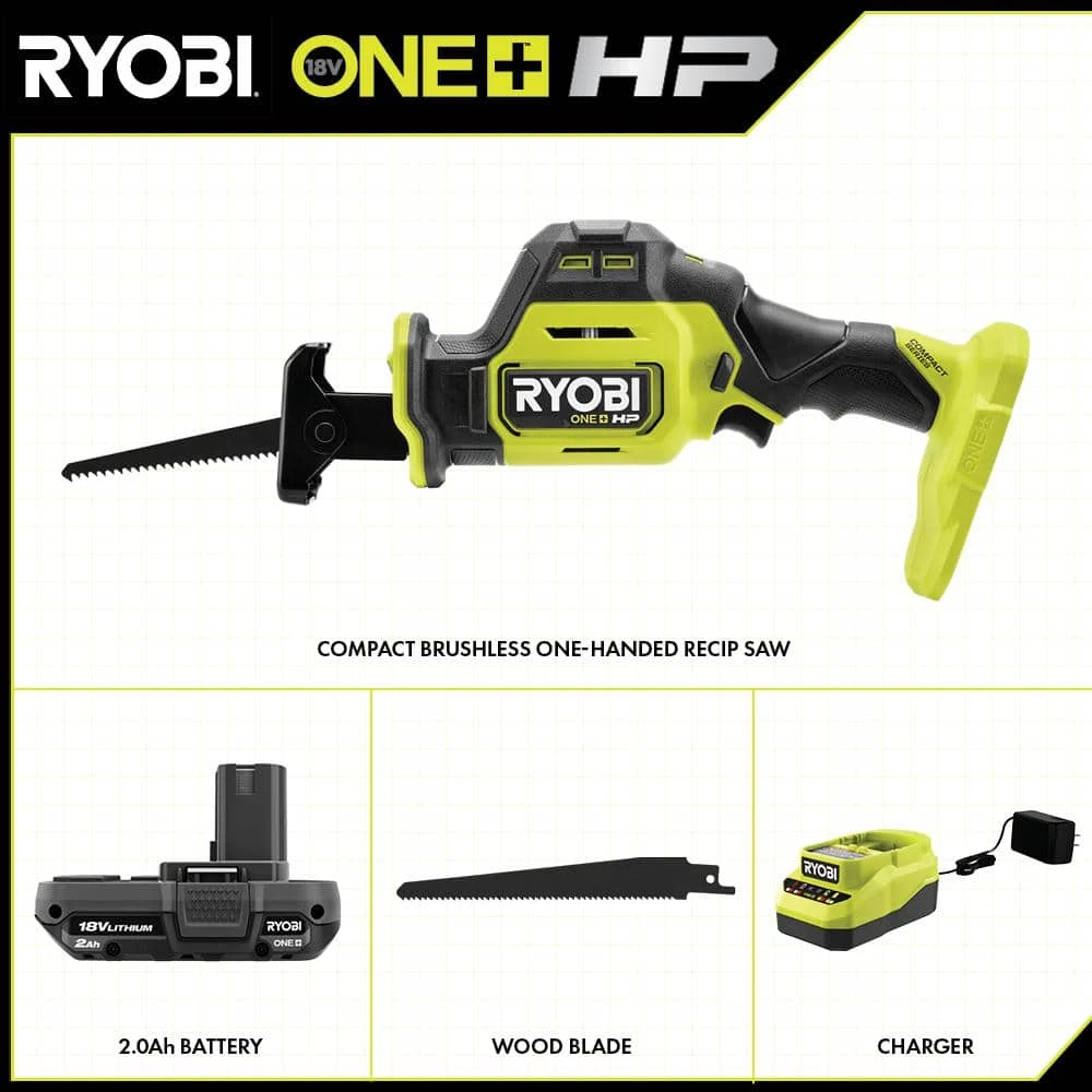 Ryobi ONE+ HP 18V Brushless Cordless Compact One-Handed Reciprocating Saw Kit With 2.0 Ah Battery And Charger 2 Ryobi ONE+ HP 18V Brushless Cordless Compact One-Handed Reciprocating Saw Kit With 2.0 Ah Battery And Charger - Image 2