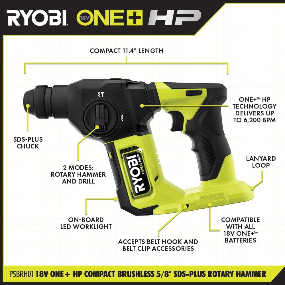 Ryobi ONE+ HP 18V Brushless Cordless Compact 5/8 In. SDS Rotary Hammer (Tool Only) 2 Ryobi ONE+ HP 18V Brushless Cordless Compact 5/8 In. SDS Rotary Hammer (Tool Only) - Image 2