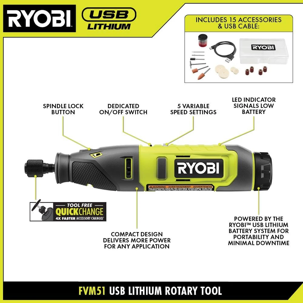 Ryobi USB Lithium Rotary Tool Kit With 2.0 Ah USB Lithium Battery And Charging Cable 3 Ryobi USB Lithium Rotary Tool Kit With 2.0 Ah USB Lithium Battery And Charging Cable - Image 3