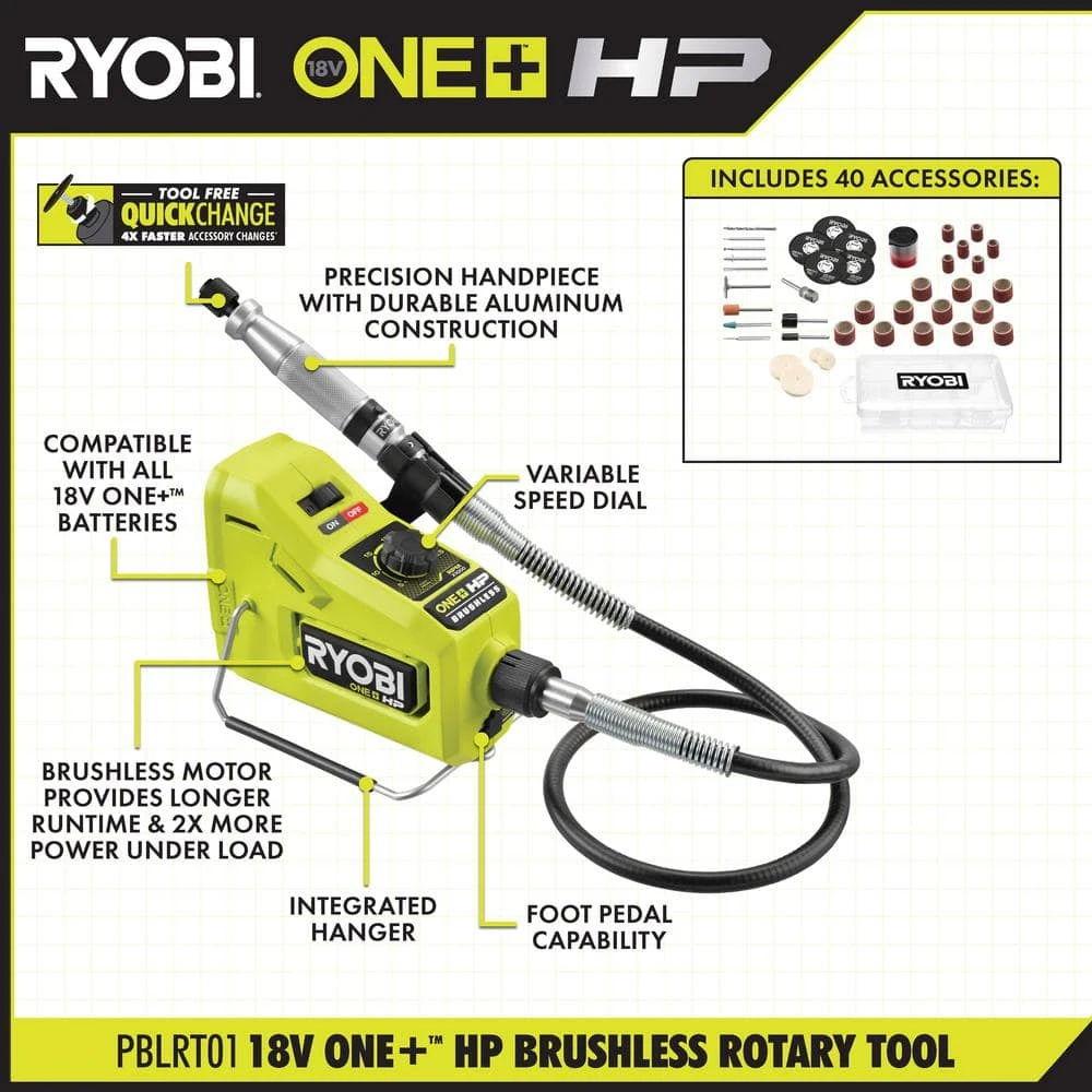 Ryobi ONE+ HP 18V Brushless Cordless Rotary Tool (Tool Only) With Variable Speed Rotary Foot Pedal 2 Ryobi ONE+ HP 18V Brushless Cordless Rotary Tool (Tool Only) With Variable Speed Rotary Foot Pedal - Image 2