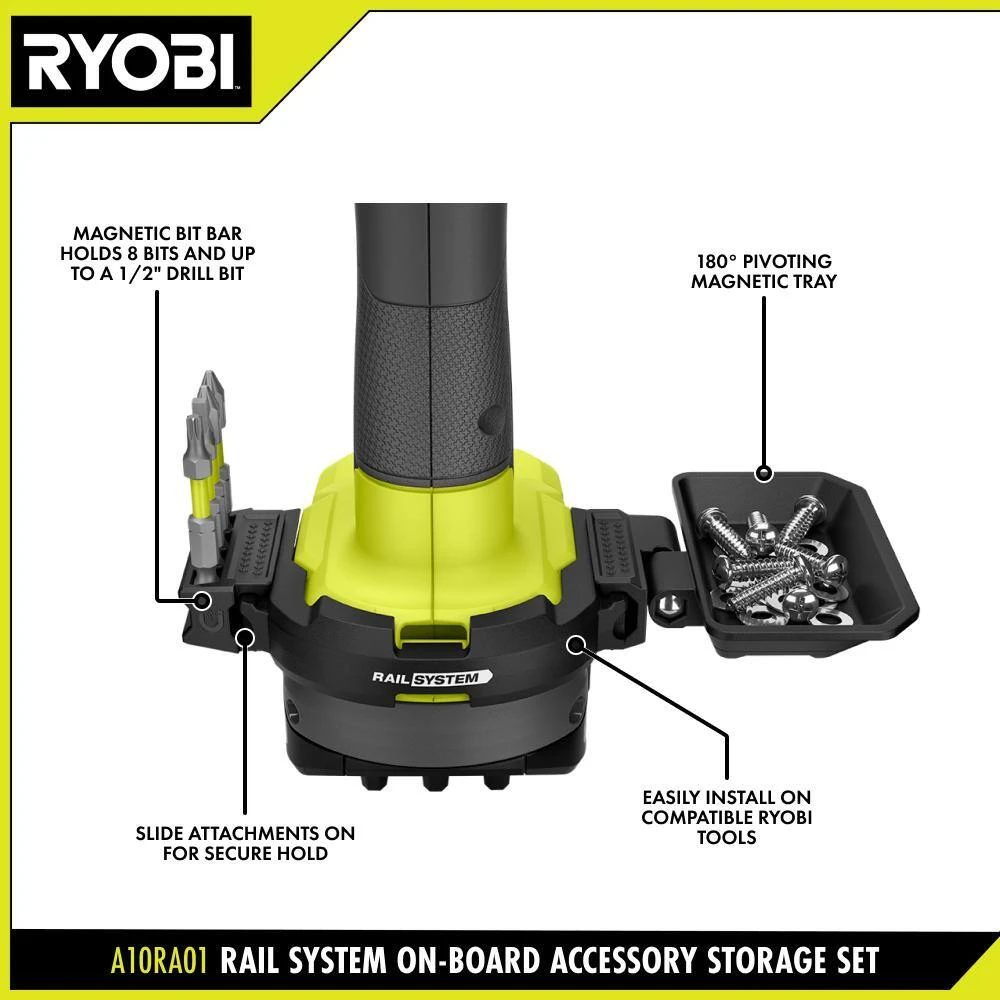 Ryobi RAIL System Accessory Set (3-Piece) With Base, Magnetic Bit Bar Attach, 180° Magnetic Tray, (2) Screws, (4) Impact Bits 2 Ryobi RAIL System Accessory Set (3-Piece) With Base, Magnetic Bit Bar Attach, 180° Magnetic Tray, (2) Screws, (4) Impact Bits - Image 2