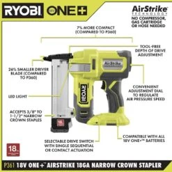 Ryobi ONE+ Airstrike 18GA Narrow Crown Stapler Kit With 2.0Ah Battery And Charger -Ryobi Store ryobi staplers p361k 40 1000