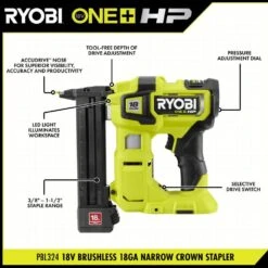 Ryobi ONE+ HP 18V Brushless Cordless 18-Gauge Narrow Crown Stapler (Tool Only) -Ryobi Store ryobi staplers pbl324b 40 1000